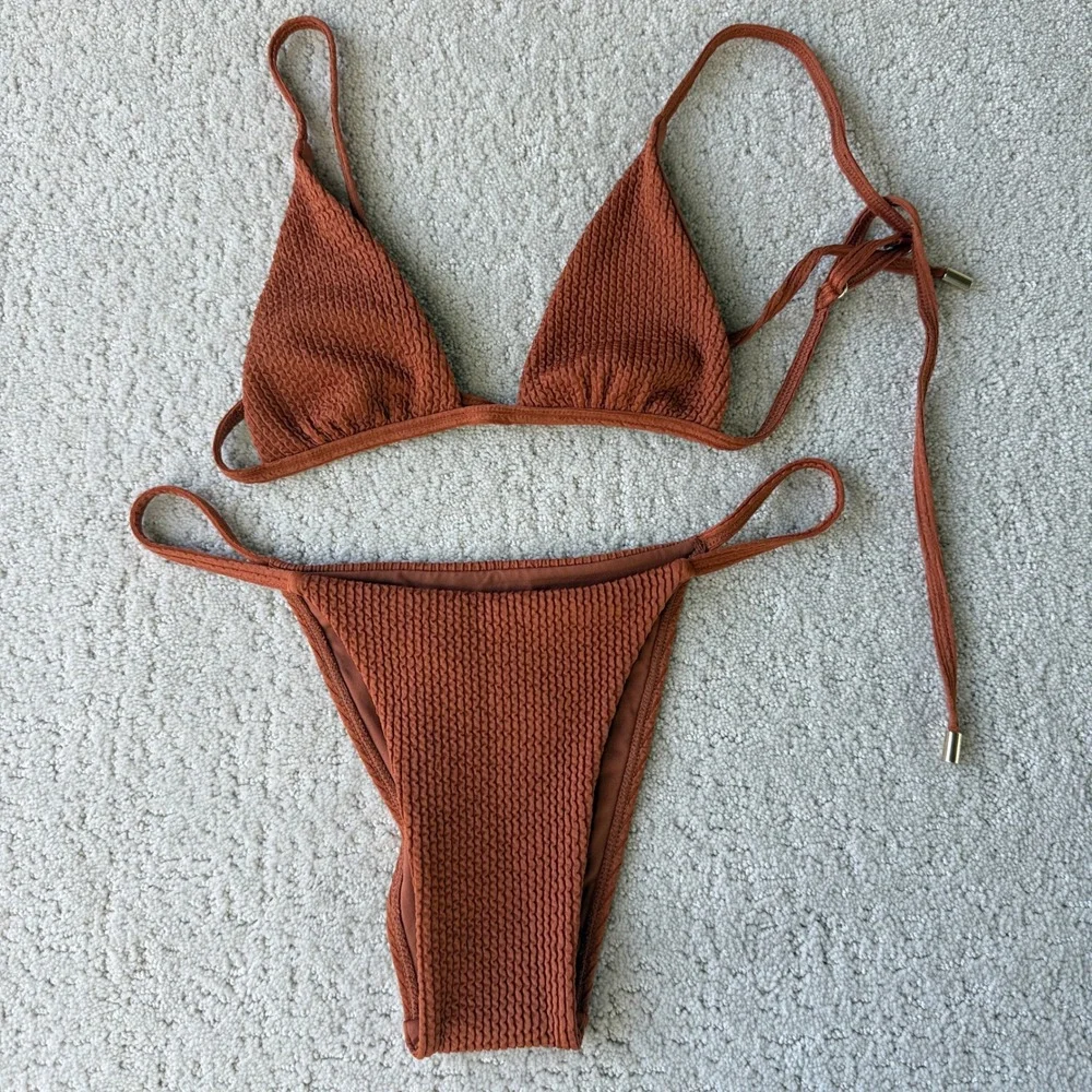 Monday Swimwear Bikini Set Women P/M Rust Brown Crinkle Triangle High Leg 12073